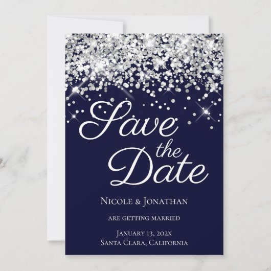 Funkelnd Silver Glitzer Navy Elegante Kalligraphie Save The Date (Vorderseite)