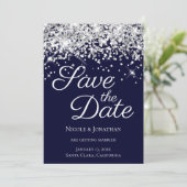 Funkelnd Silver Glitzer Navy Elegante Kalligraphie Save The Date (Stehend Vorderseite)