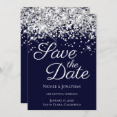 Funkelnd Silver Glitzer Navy Elegante Kalligraphie Save The Date (Vorne/Hinten)