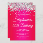Funkelnd Silver Glitzer Red Magenta Gradient Einladung (Vorne/Hinten)