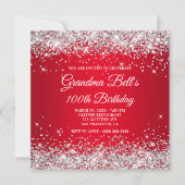 Funkelnd Silver Glitzer Red Ombre 100. Geburtstag Einladung (Vorderseite)