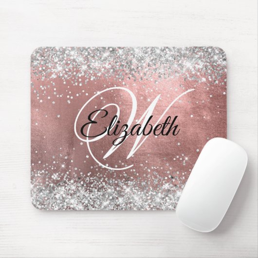 Funkelnd Silver Glitzer Rose Blush Foil Monogramm Mousepad (Mit Mouse)