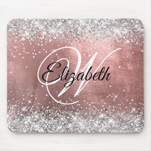 Funkelnd Silver Glitzer Rose Blush Foil Monogramm Mousepad (Vorne)
