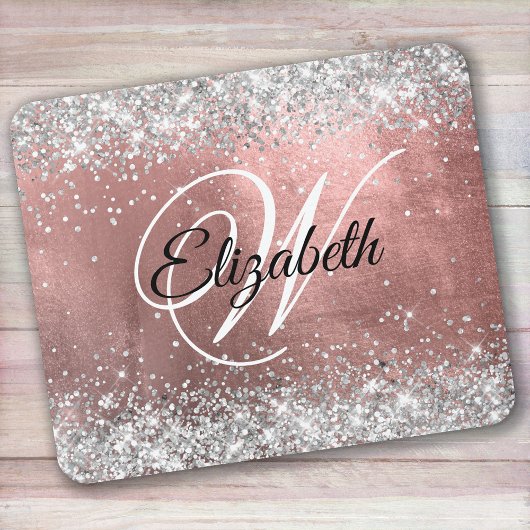 Funkelnd Silver Glitzer Rose Blush Foil Monogramm Mousepad