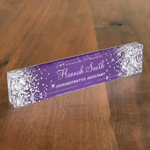 Funkelnd Silver Glitzer Royal Lila Namensplakette