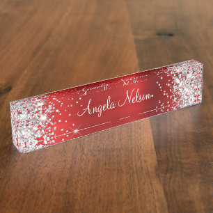 Funkelnd Silver Glitzer Ruby Red Foil Namensplakette