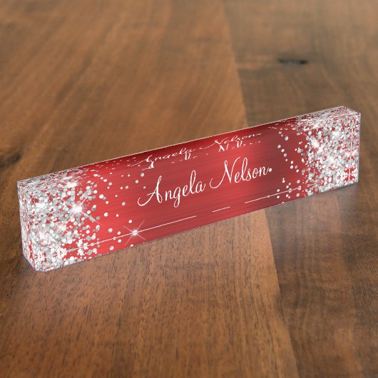 Funkelnd Silver Glitzer Ruby Red Foil Namensplakette (Seite)