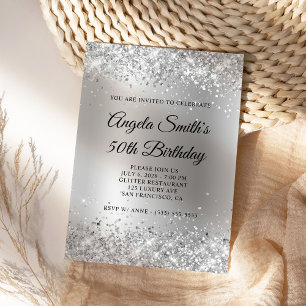 Funkelnd Silver Glitzer Satin Foil 50. Geburtstag Einladung