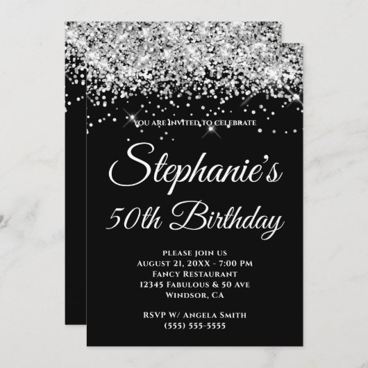 Funkelnd Silver Glitzer Solid Black Background Einladung (Vorne/Hinten)