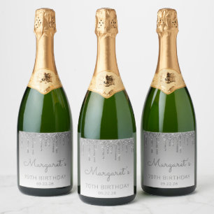 Funkelnd Silver Glitzer Tropfen 70. Geburtstag Schaumweinetikett