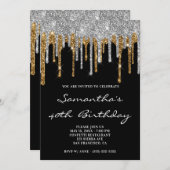 Funkelnd Silver Gold Glitzer Tropfen Black Birthda Einladung (Vorne/Hinten)
