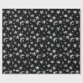 Funkelnd Silver Gray Stars Moon Sky Black Geschenkpapier (Flach)