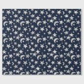 Funkelnd Silver Gray Stars Moon Sky Blue Navy Geschenkpapier (Flach)