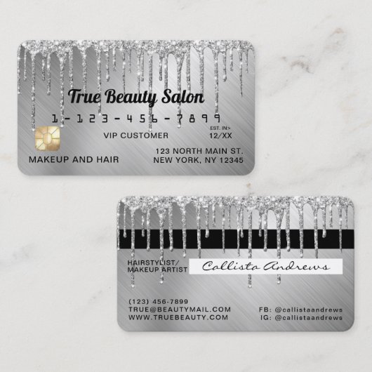 Funkelnd Silver Metallic Glitzer Tropfen Credit Visitenkarte (Vorne/Hinten)