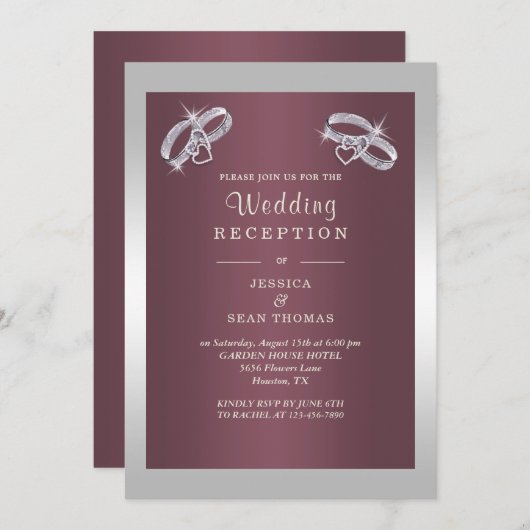 Funkelnd Silver Rings & Burgandy Hochzeitsempfang Einladung (Vorne/Hinten)