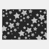 Funkelnd Silver Stars Weihnachtsmuster auf schwarz Geschenkpapier Set (Vorderseite)