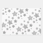 Funkelnd Silver Stars Weihnachtsmuster auf Weiß Geschenkpapier Set (Vorderseite)