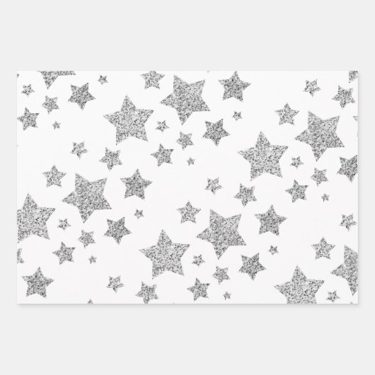 Funkelnd Silver Stars Weihnachtsmuster auf Weiß Geschenkpapier Set (Vorderseite)