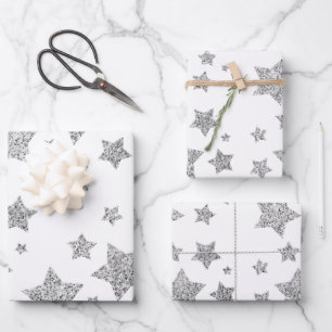 Funkelnd Silver Stars Weihnachtsmuster auf Weiß Geschenkpapier Set