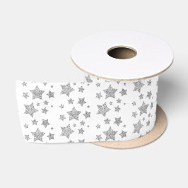 Funkelnd Silver Stars Weihnachtsmuster auf Weiß Satinband