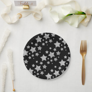 Funkelnd Silver Stars Weihnachtsmuster schwarz Pappteller