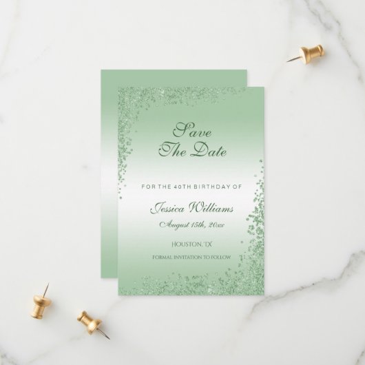Funkelnd Smarald Green Glitzer Dekoration Geburtst Save The Date (Vorderseite/Rückseite Beispiel)