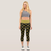 Funkelnd Smile-Gesicht Gold-Glitzern-Schwarzes Mus Capri Leggings (Vorderseite)