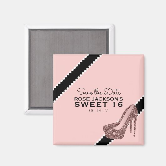 Funkelnd Stiletto Heel Sweet 16 Save the Date rosa Magnet (Vorderseite/Rückseite)