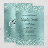 Funkelnd-Türkis-Glitzer-Monogramm Einladung (Vorne/Hinten)