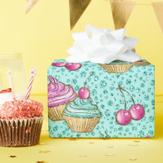 Funkelnd türkisfarbene Rosa und blaue Cupcakes Geb Geschenkpapier (Geburtstagsparty)