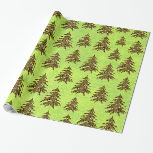 Funkelnd Weihnachtsbaum auf abstraktem Grünbuch Geschenkpapier (Ungerollt)