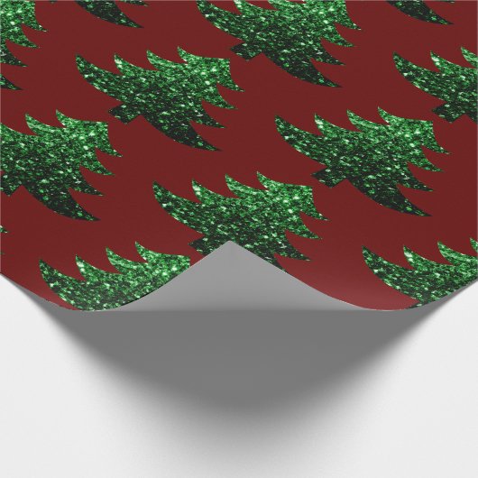 Funkelnd Weihnachtsbaum grün Dunkelrot Muster Geschenkpapier (Ecke)