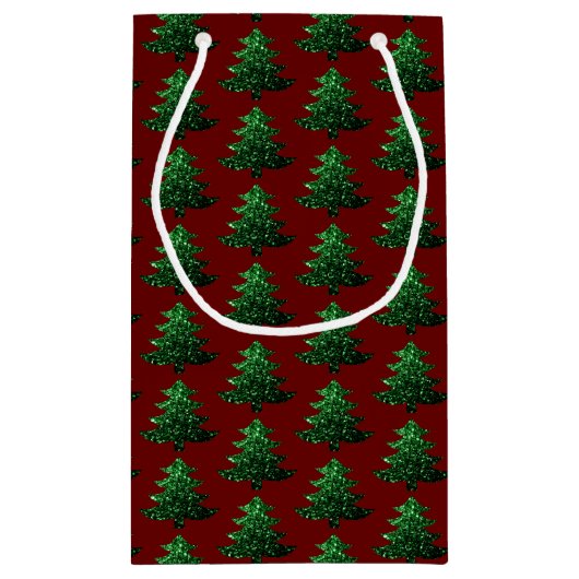 Funkelnd Weihnachtsbaum grün Dunkelrot Muster Kleine Geschenktüte (Rückseite)