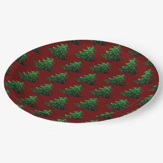 Funkelnd Weihnachtsbaum grün Dunkelrot Muster Pappteller (Schrägansicht)
