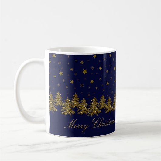Funkelnd Weihnachtsbaum, Mond, blaue Sterne Kaffeetasse (Links)