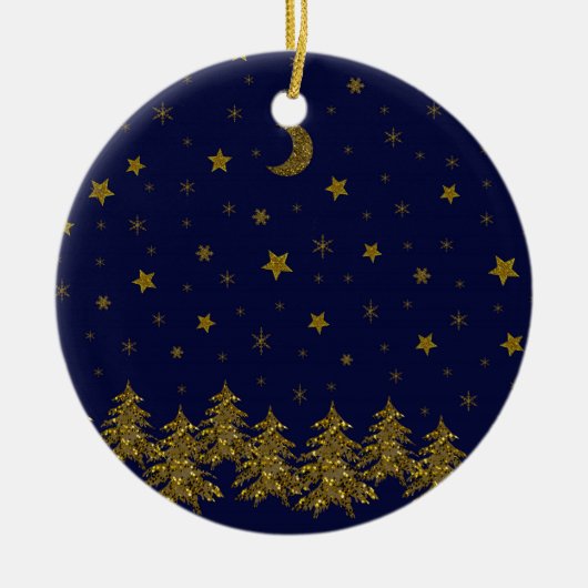 Funkelnd Weihnachtsbaum, Mond, blaue Sterne Keramik Ornament (Vorne)