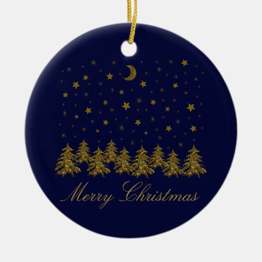 Funkelnd Weihnachtsbaum, Mond, blaue Sterne Keramik Ornament (Vorne)