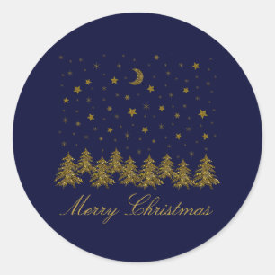 Funkelnd Weihnachtsbaum, Mond, blaue Sterne Runder Aufkleber