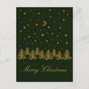Funkelnd Weihnachtsbaum, Mond, grüne Sterne Feiertagspostkarte