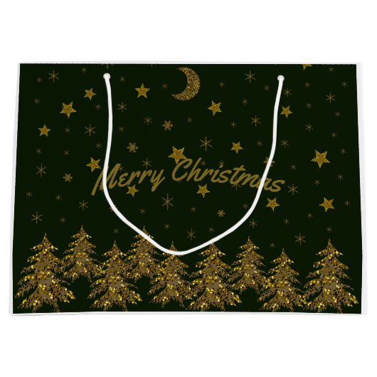 Funkelnd Weihnachtsbaum, Mond, grüne Sterne Große Geschenktüte (Vorderseite)