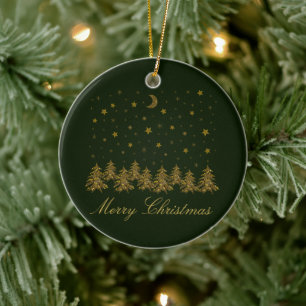 Funkelnd Weihnachtsbaum, Mond, grüne Sterne Keramik Ornament