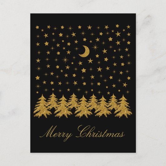 Funkelnd Weihnachtsbaum, Mond, schwarze Sterne Feiertagspostkarte (Vorderseite)