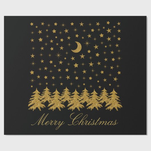 Funkelnd Weihnachtsbaum, Mond, schwarze Sterne Geschenkpapier (Flach)