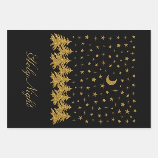 Funkelnd Weihnachtsbaum, Mond, schwarze Sterne Geschenkpapier Set (Vorderseite 3)