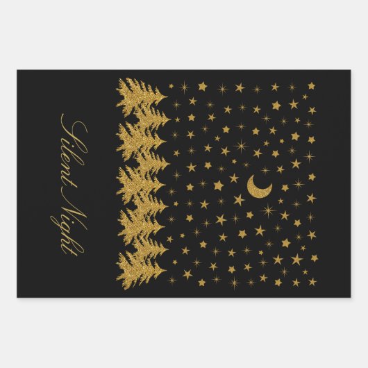 Funkelnd Weihnachtsbaum, Mond, schwarze Sterne Geschenkpapier Set (Vorderseite)