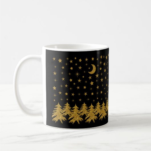 Funkelnd Weihnachtsbaum, Mond, schwarze Sterne Kaffeetasse (Links)