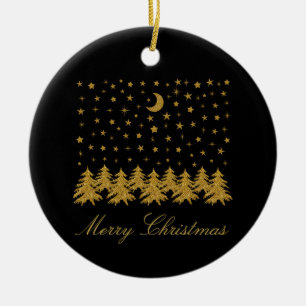 Funkelnd Weihnachtsbaum, Mond, schwarze Sterne Keramik Ornament