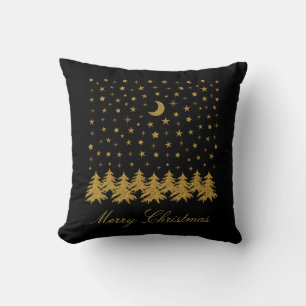 Funkelnd Weihnachtsbaum, Mond, schwarze Sterne Kissen