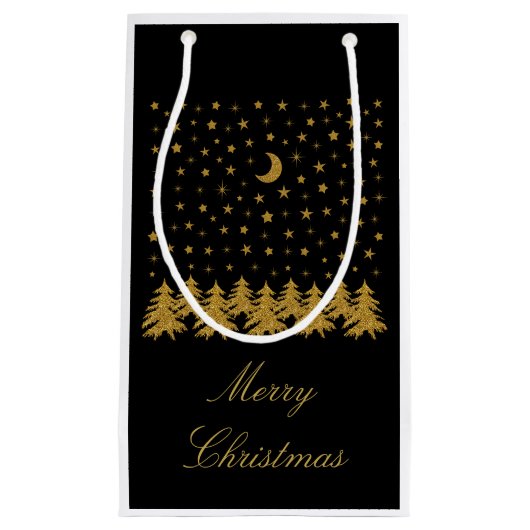 Funkelnd Weihnachtsbaum, Mond, schwarze Sterne Kleine Geschenktüte (Vorderseite)