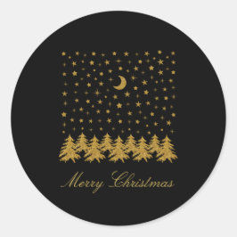 Funkelnd Weihnachtsbaum, Mond, schwarze Sterne Runder Aufkleber